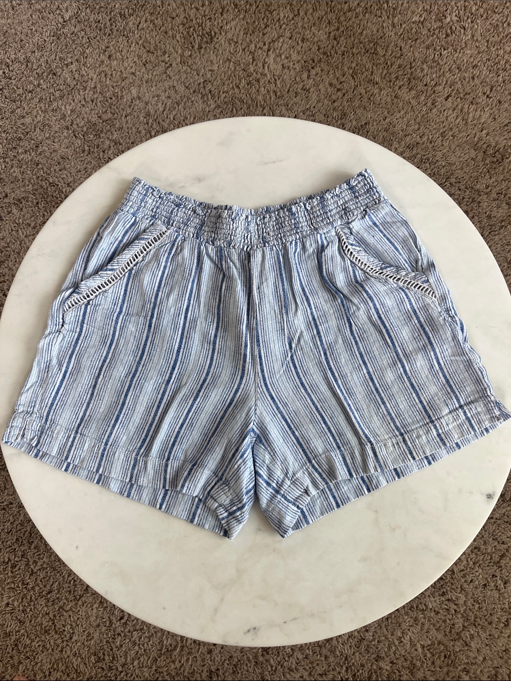 Briggs Shorts, Small, Light Blue, White, Striped, Pocket Details, Smocked Waist
